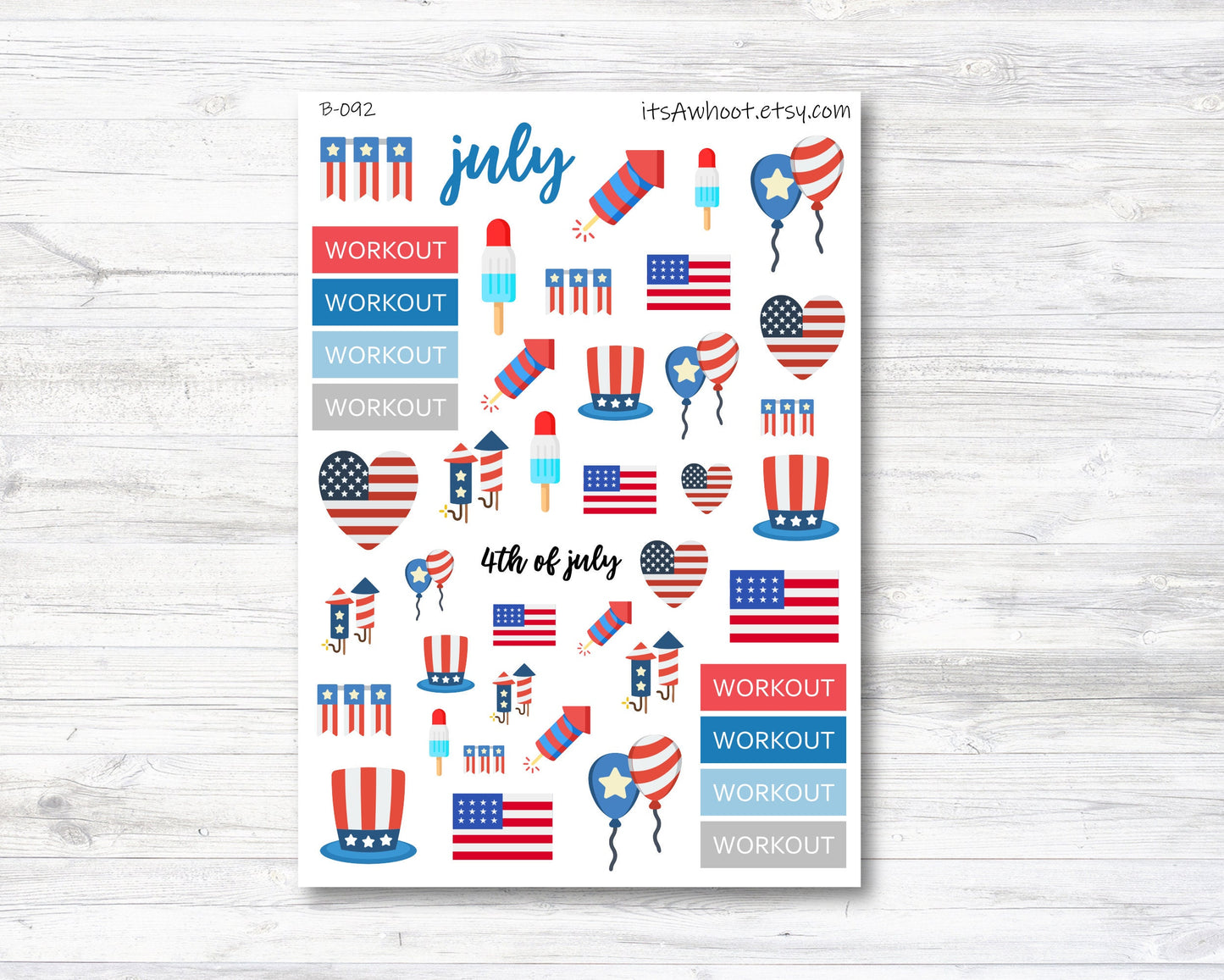 July Kit, Summer 4th of July, Weight Loss Planner Stickers (B092)