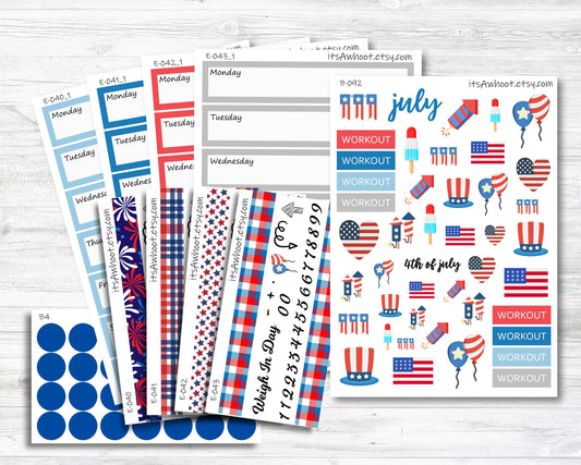 July Kit, Summer 4th of July, Weight Loss Planner Stickers (B092)