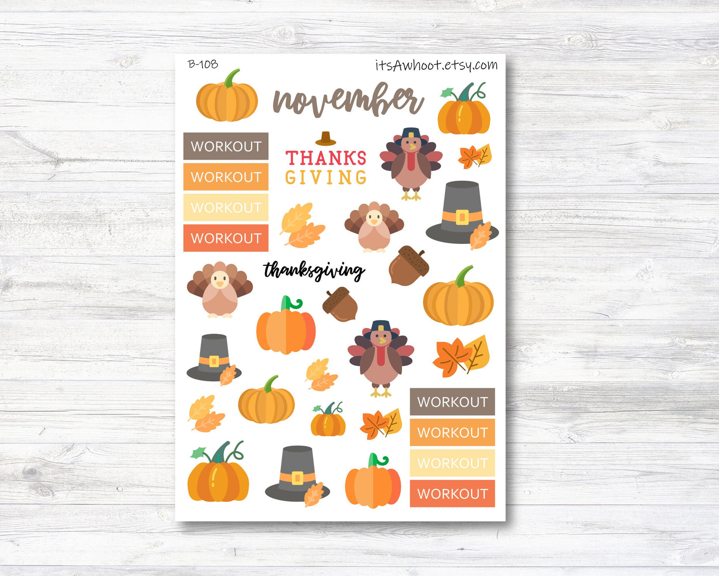 November Kit, Thanksgiving Fall, Weight Loss Planner Stickers (B108)