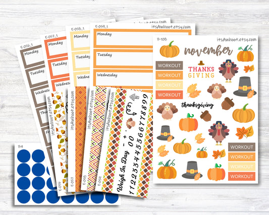 November Kit, Thanksgiving Fall, Weight Loss Planner Stickers (B108)