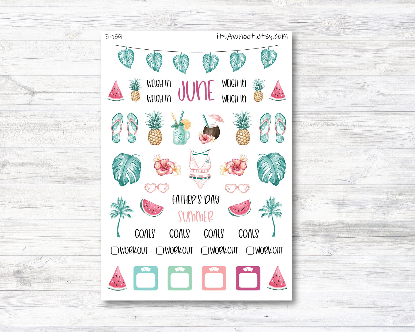 June Summer Father's Day Stickers, Weight Loss Planner Clipart (B159-June2)