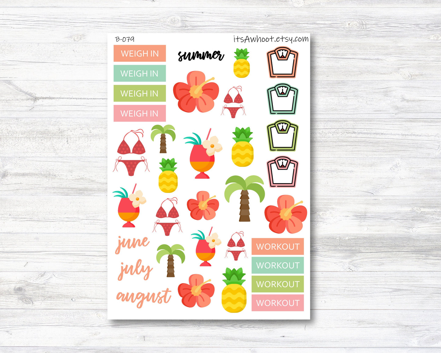 Summer Tropical Stickers, Weight Loss Planner Clipart (B079)