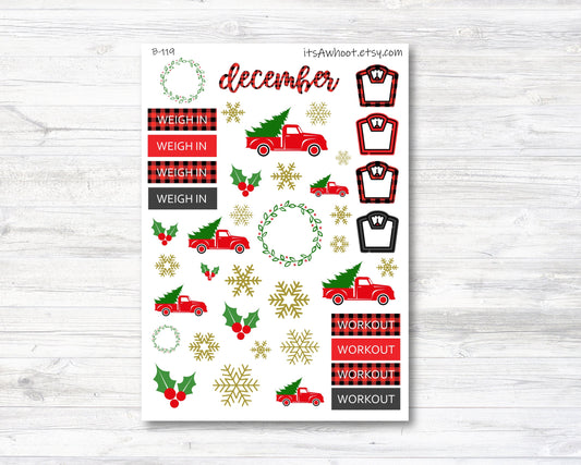 December Buffalo Plaid Red Vintage Truck Stickers, Weight Loss Planner Clipart (B119)
