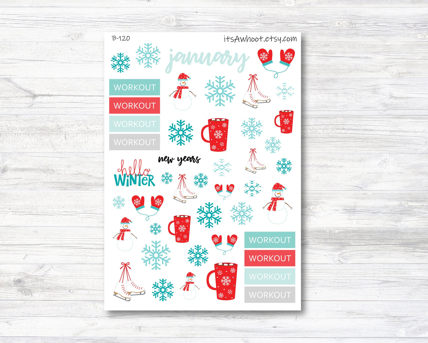 January Kit, Winter Snow, Weight Loss Planner Stickers (B120)