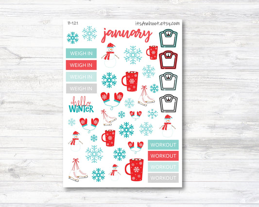 January Winter Snow Stickers, Weight Loss Planner Clipart Add-Ons (B121)