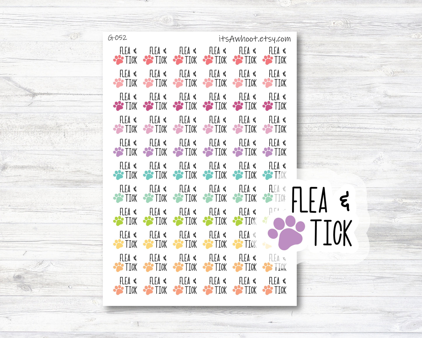 Flea & Tick Script Planner Stickers - Rainbow Color Paw Print (G052)