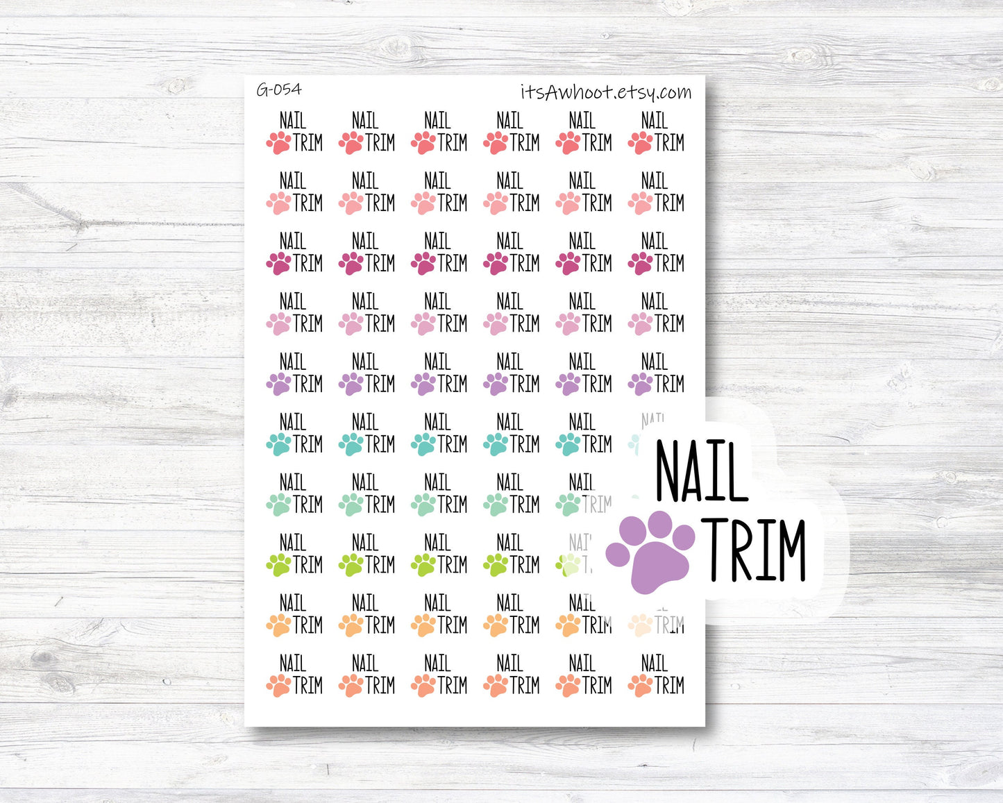 Nail Trim Script Planner Stickers - Rainbow Color Paw Print (G054)