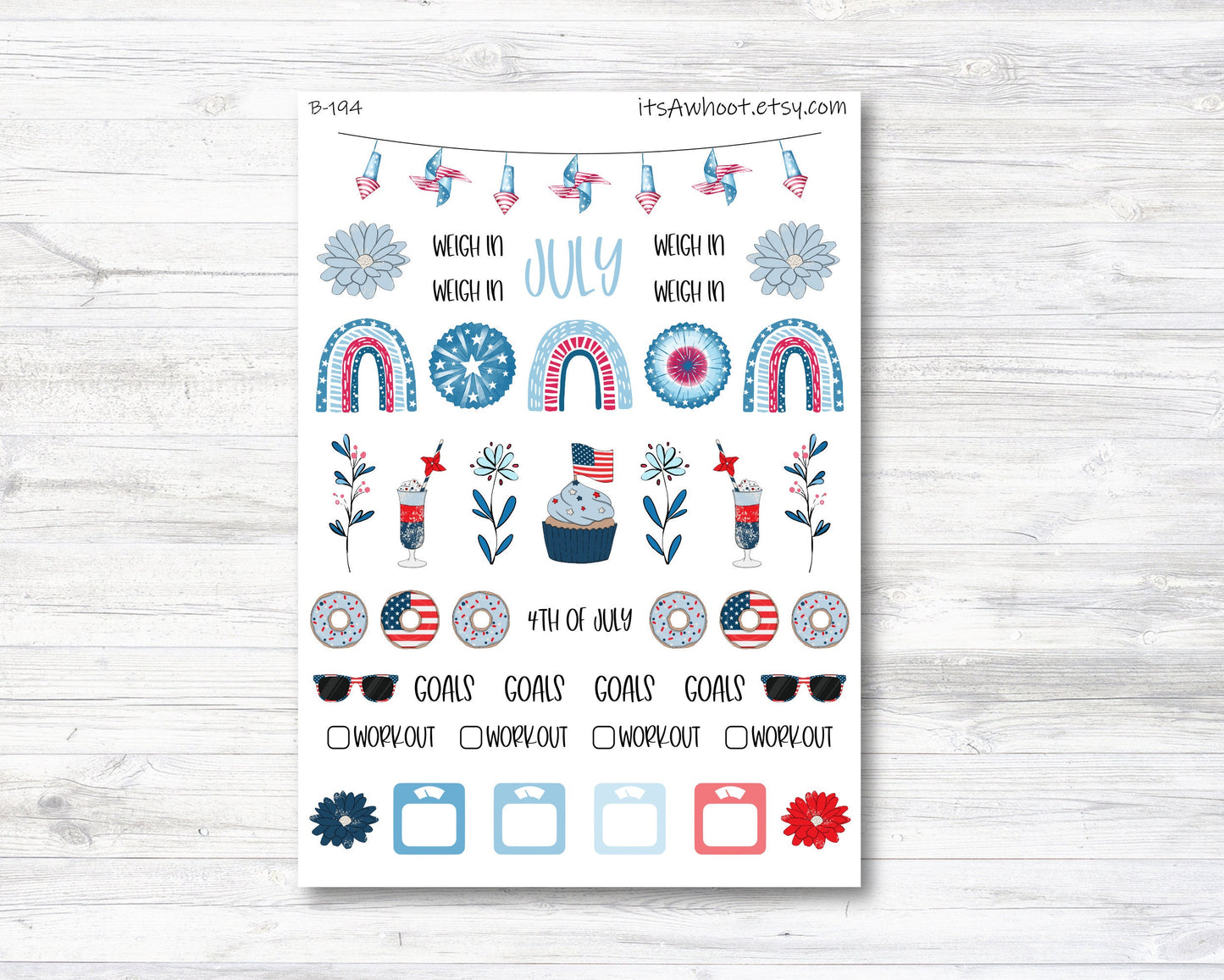 July / 4th of July / Summer Stickers, Weight Loss Planner Clipart (B194-July2)