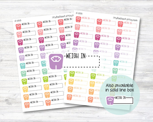 WEIGH IN with Scale icon Quarter Box Label Planner Stickers, Weigh in Stickers, Scale Icon Stickers - Dash or Solid (H088)