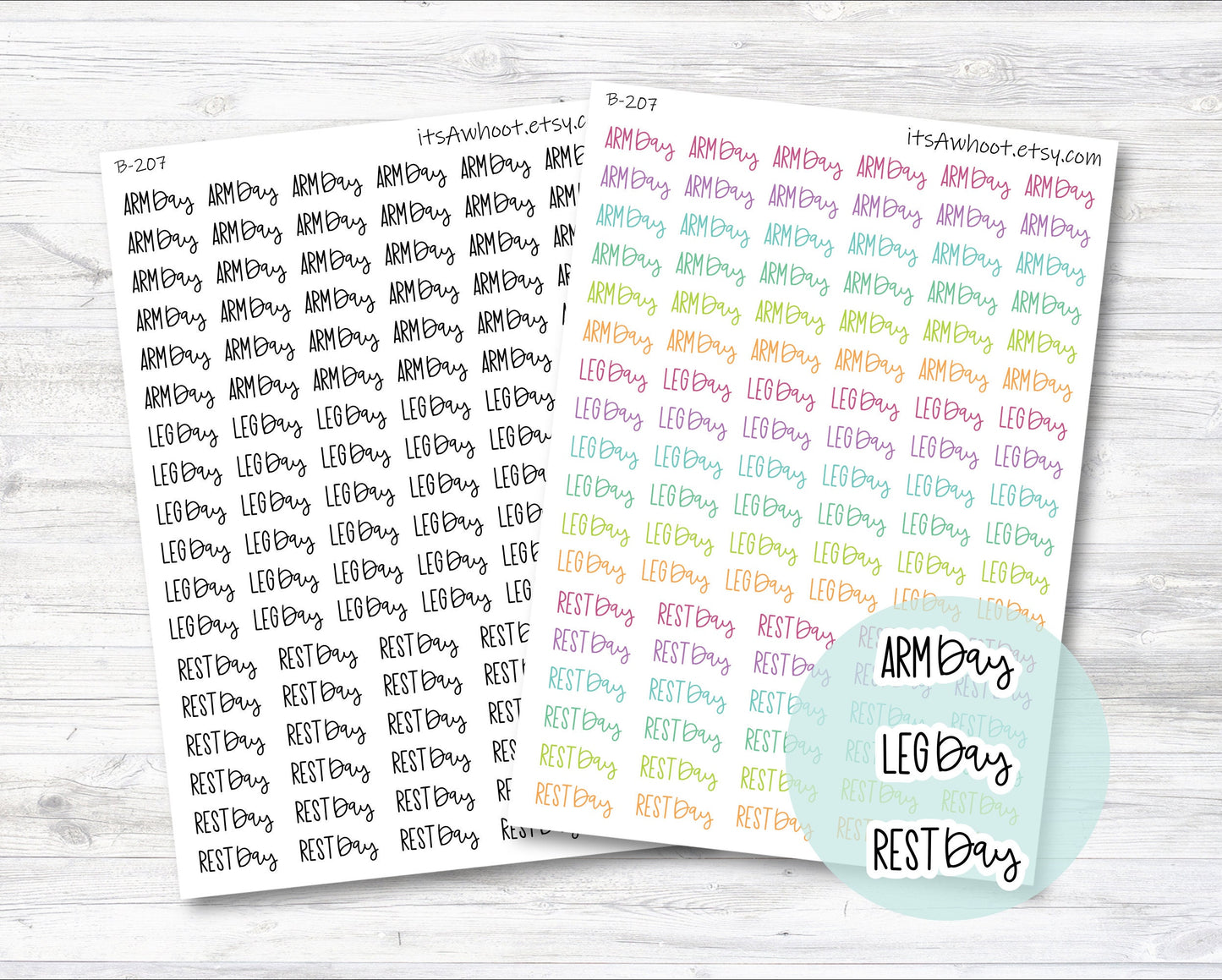 Arm Day Stickers, Leg Day Stickers, Rest Day Stickers, Arm/Leg/Rest Day Script Planner Stickers (B207)