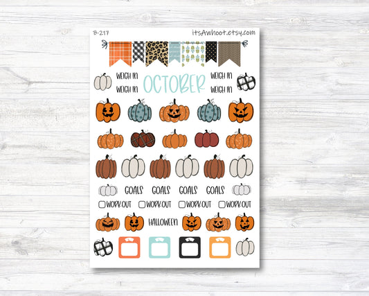 October / Fall / Pumpkin / Halloween Jackolantern Stickers, Weight Loss Planner Clipart (B217-October2)