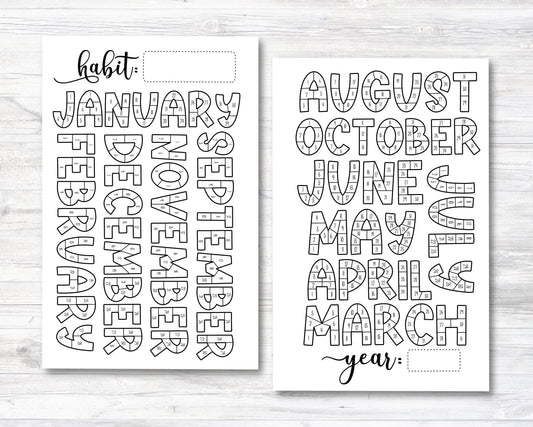 Habit Tracker Coloring Sheet, Month Habit Tracker Coloring Planner Insert, Year Habit Tracker Coloring Sheet Insert - Not Punched