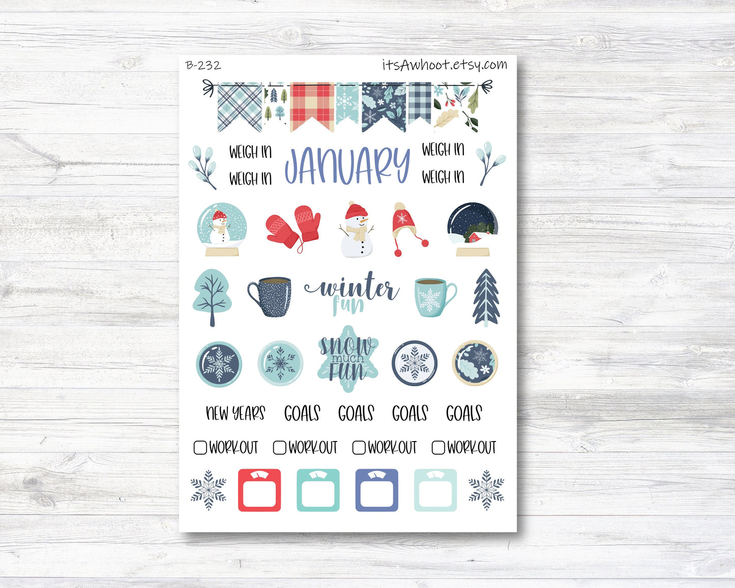 January / Winter Stickers, Weight Loss Planner Clipart (B232-January2)