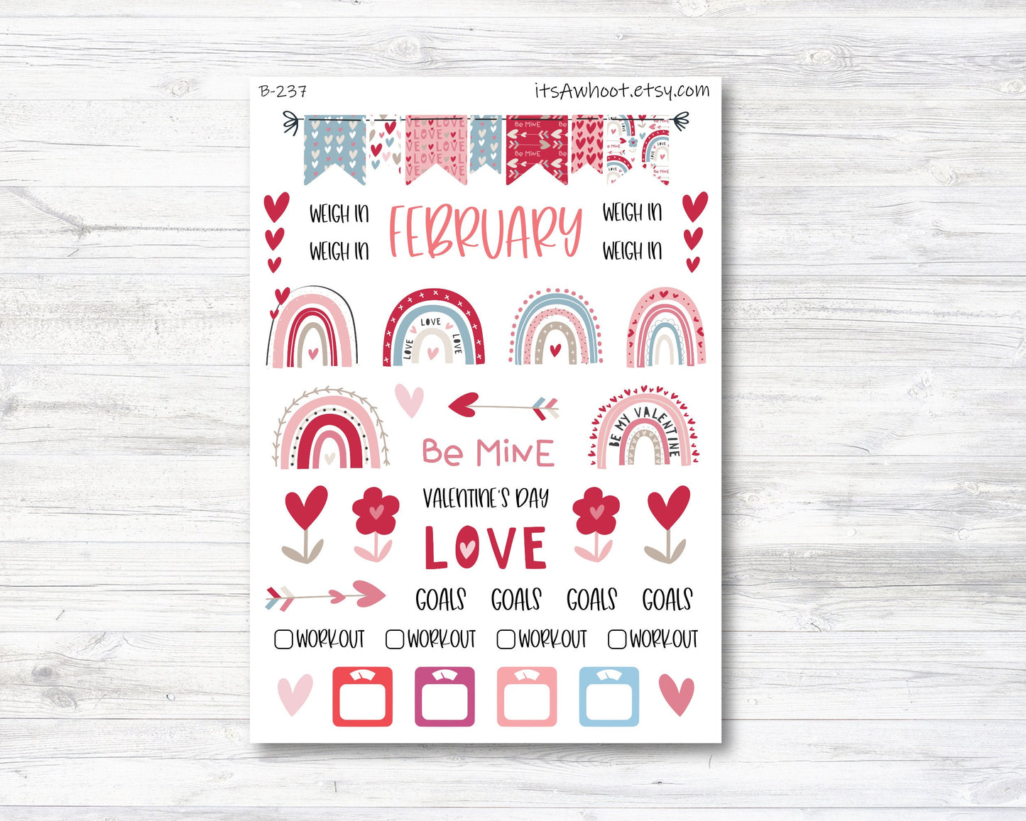 February / Valentine's Day Stickers, Weight Loss Planner Clipart (B237-February2)