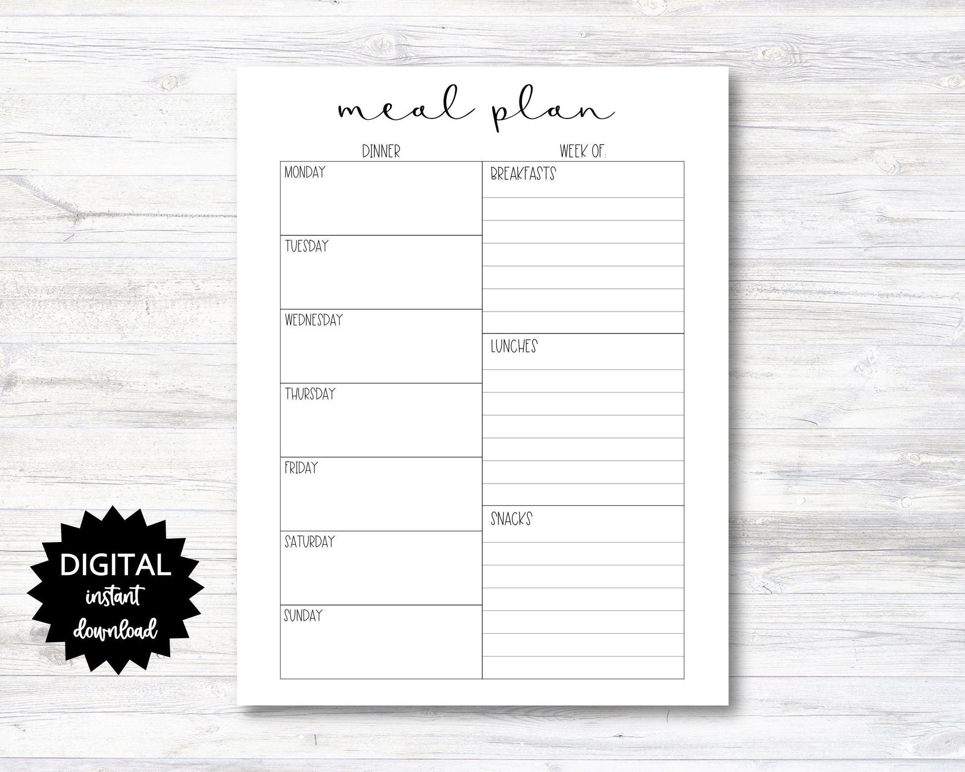 Weekly Meal Plan Printable, Meal Plan Digital Download PRINTABLE (N0