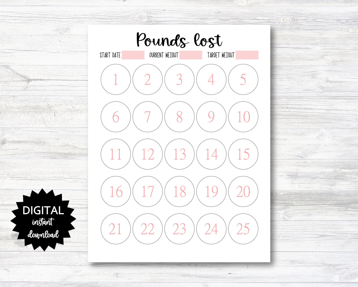 Pounds Lost Printable, 25 Pounds Lost Tracker, 25 Lbs Lost Digital Download Planner Page (N009_2)