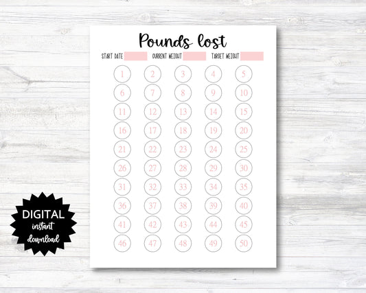 Pounds Lost Printable, 50 Pounds Lost Tracker, 50 Lbs Lost Digital Download Planner Page - PRINTABLE (N009_5)
