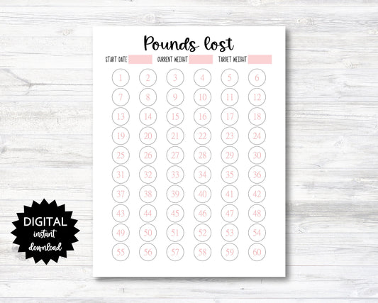 Pounds Lost Printable, 60 Pounds Lost Tracker, 60 Lbs Lost Digital Download Planner Page - PRINTABLE (N009_6)