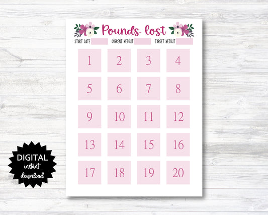 Pounds Lost Printable, 20 Pounds Lost Tracker, 20 Lbs Lost Digital Download Planner Page - Floral - PRINTABLE (N009_11)