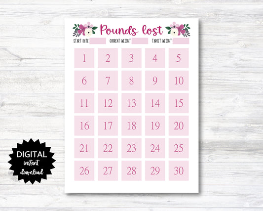 Pounds Lost Printable, 30 Pounds Lost Tracker, 30 Lbs Lost Digital Download Planner Page - Floral - PRINTABLE (N009_13)