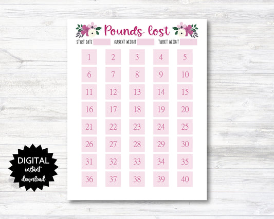 Pounds Lost Printable, 40 Pounds Lost Tracker, 40 Lbs Lost Digital Download Planner Page - Floral - PRINTABLE (N009_14)
