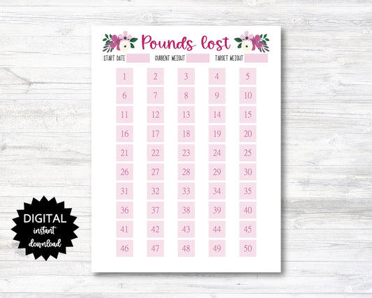 Pounds Lost Printable, 50 Pounds Lost Tracker, 50 Lbs Lost Digital Download Planner Page - Floral - PRINTABLE (N009_15)