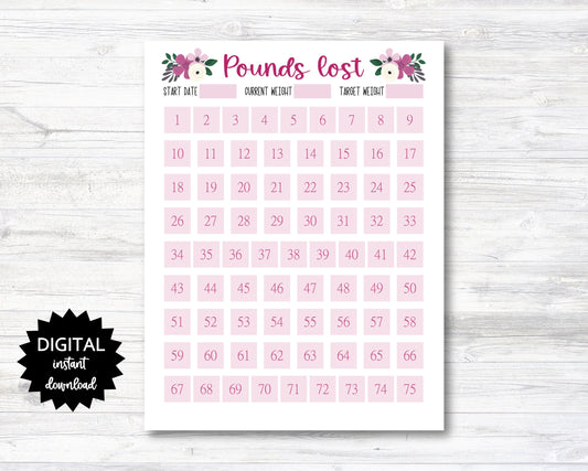 Pounds Lost Printable, 75 Pounds Lost Tracker, 75 Lbs Lost Digital Download Planner Page - Floral - PRINTABLE (N009_17)