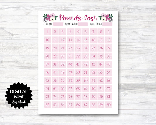 Pounds Lost Printable, 90 Pounds Lost Tracker, 90 Lbs Lost Digital Download Planner Page - Floral - PRINTABLE (N009_19)