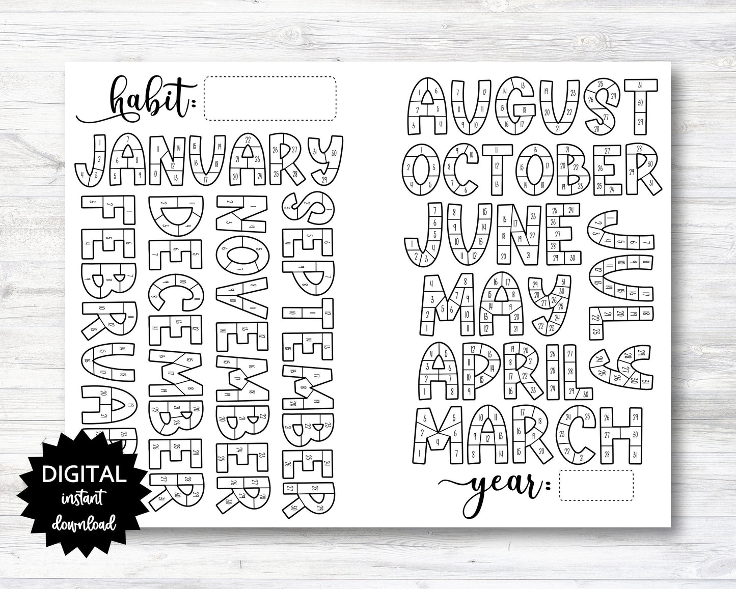 Habit Tracker Coloring Planner Page Printable, Month Habit Tracker Coloring Sheet, Year Habit Tracker Coloring Sheet - PRINTABLE (N001_2)