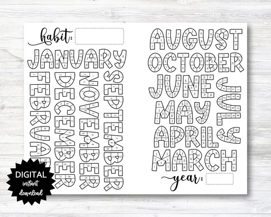 Habit Tracker Coloring Planner Page Printable, Month Habit Tracker Coloring Sheet, Year Habit Tracker Coloring Sheet - PRINTABLE (N001_2)