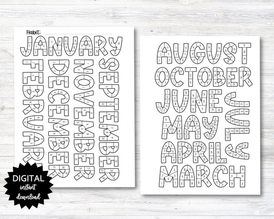 Habit Tracker Coloring Planner Page, Month/Year Habit Tracker Coloring Sheet - Happy Planner Classic Size - PRINTABLE (N001_3)