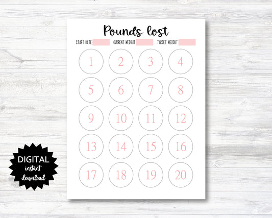 Pounds Lost Printable, 20 Pounds Lost Tracker, 20 Lbs Lost Digital Download Planner Page - PRINTABLE (N009)