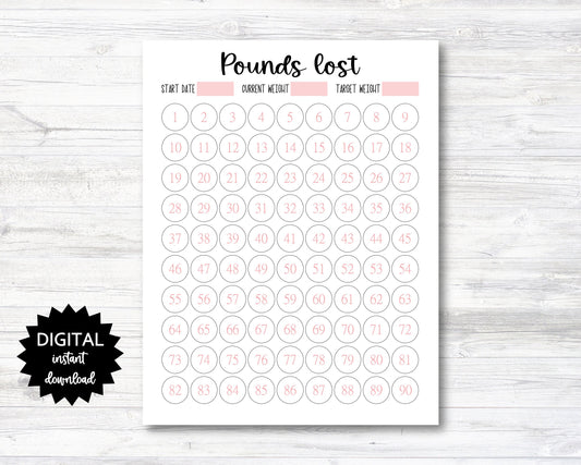 Pounds Lost Printable, 90 Pounds Lost Tracker, 90 Lbs Lost Digital Download Planner Page - PRINTABLE (N009_9)