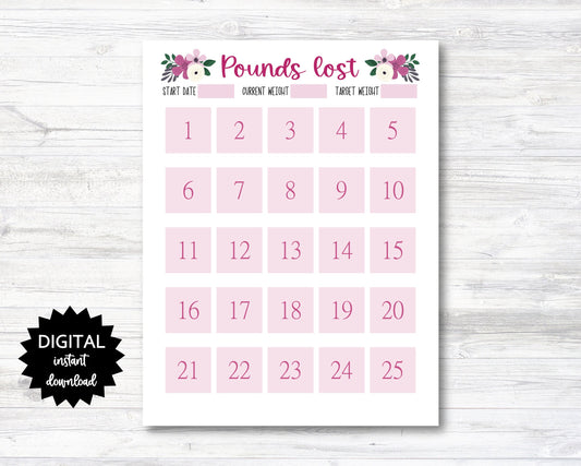 Pounds Lost Printable, 25 Pounds Lost Tracker, 25 Lbs Lost Digital Download Planner Page - Floral - PRINTABLE (N009_12)