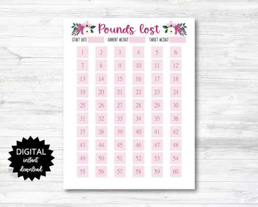 Pounds Lost Printable, 60 Pounds Lost Tracker, 60 Lbs Lost Digital Download Planner Page - Floral - PRINTABLE (N009_16)