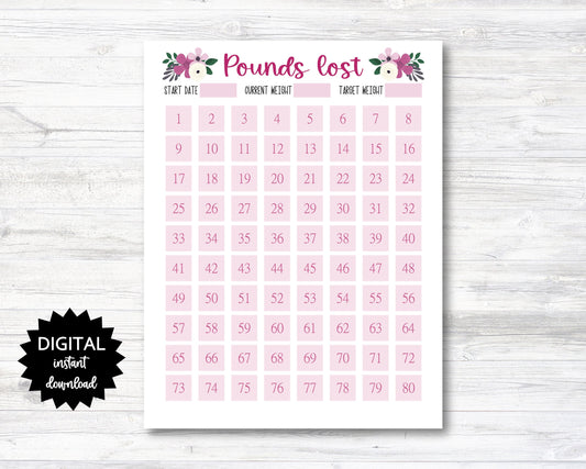 Pounds Lost Printable, 80 Pounds Lost Tracker, 80 Lbs Lost Digital Download Planner Page - Floral - PRINTABLE (N009_18)