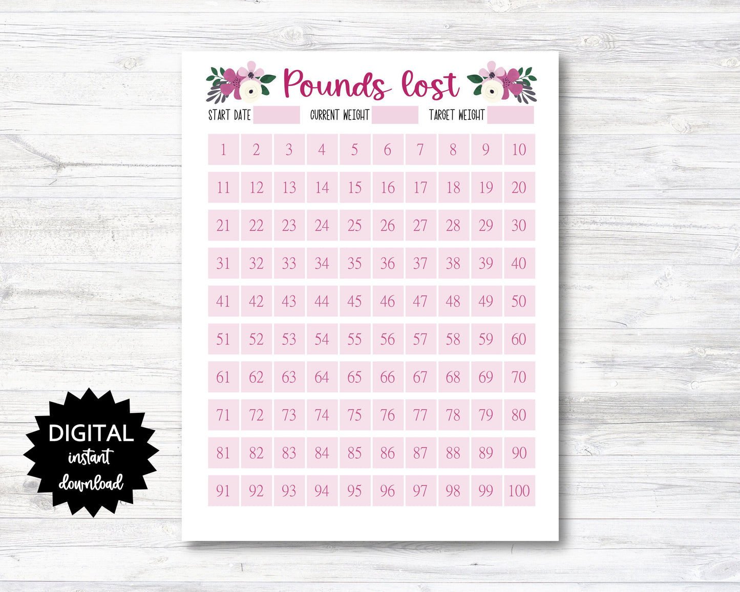 Pounds Lost Printable, 100 Pounds Lost Tracker, 100 Lbs Lost Digital Download Planner Page - Floral - PRINTABLE (N009_20)