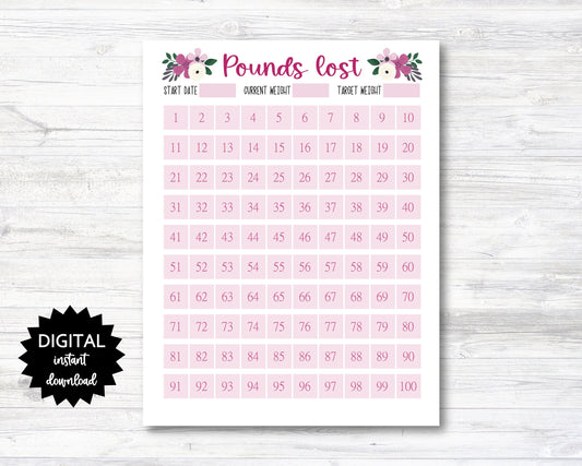 Pounds Lost Printable, 100 Pounds Lost Tracker, 100 Lbs Lost Digital Download Planner Page - Floral - PRINTABLE (N009_20)