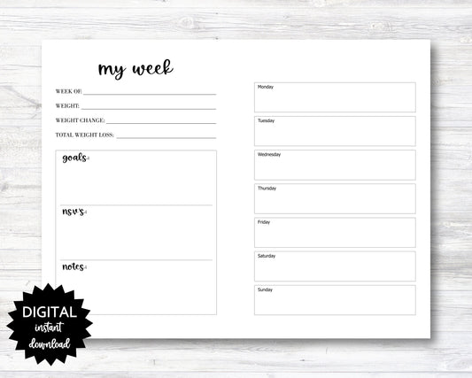 Weight Loss Weekly Printable Planner, Weight Loss Weekly Tracker, Weight Loss Planner Page - PRINTABLE (N011_2)