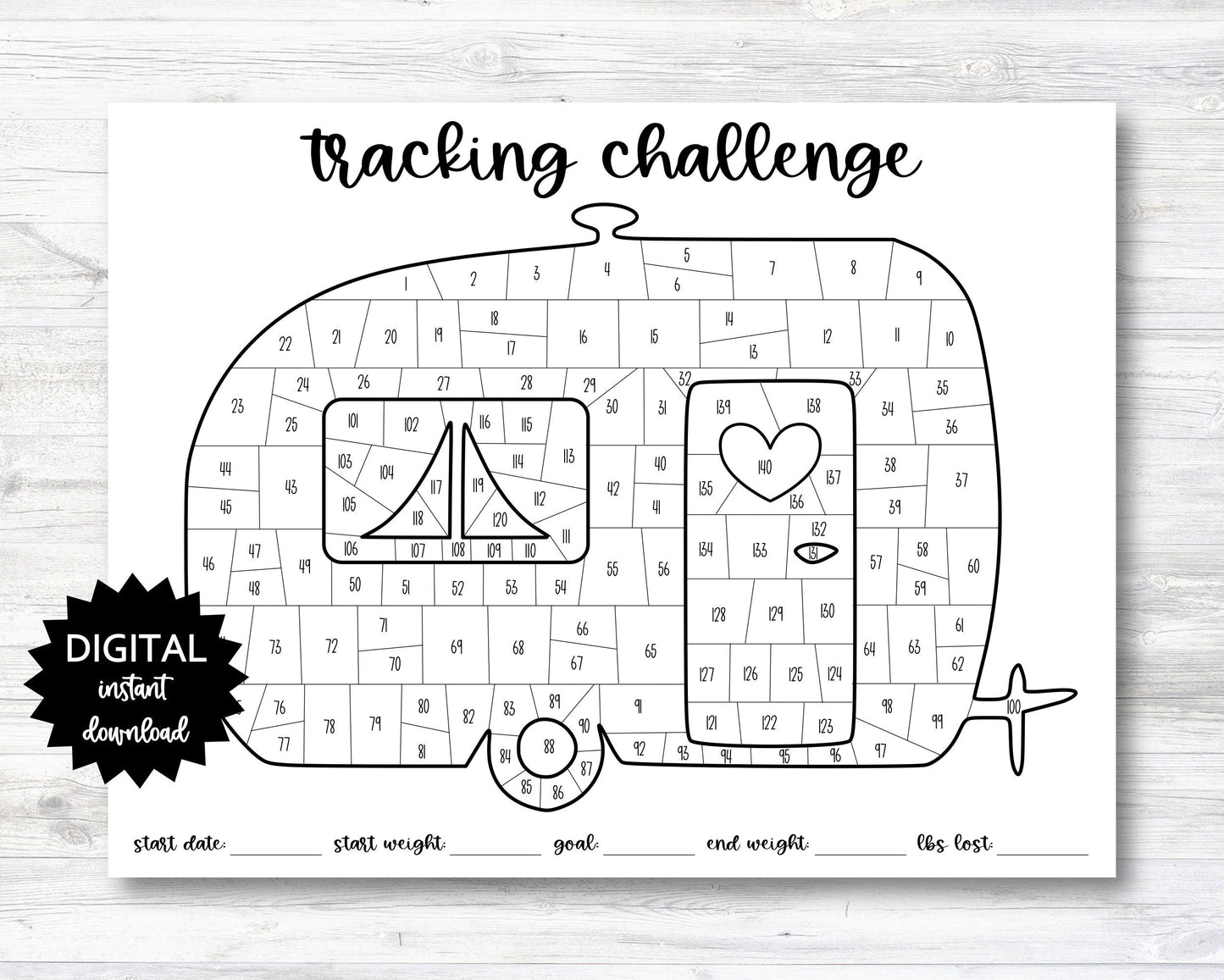 Camping Themed Tracking Challenge Coloring Sheet, Habit Tracker Coloring Planner Page, 140 Day Challenge - PRINTABLE (N013)