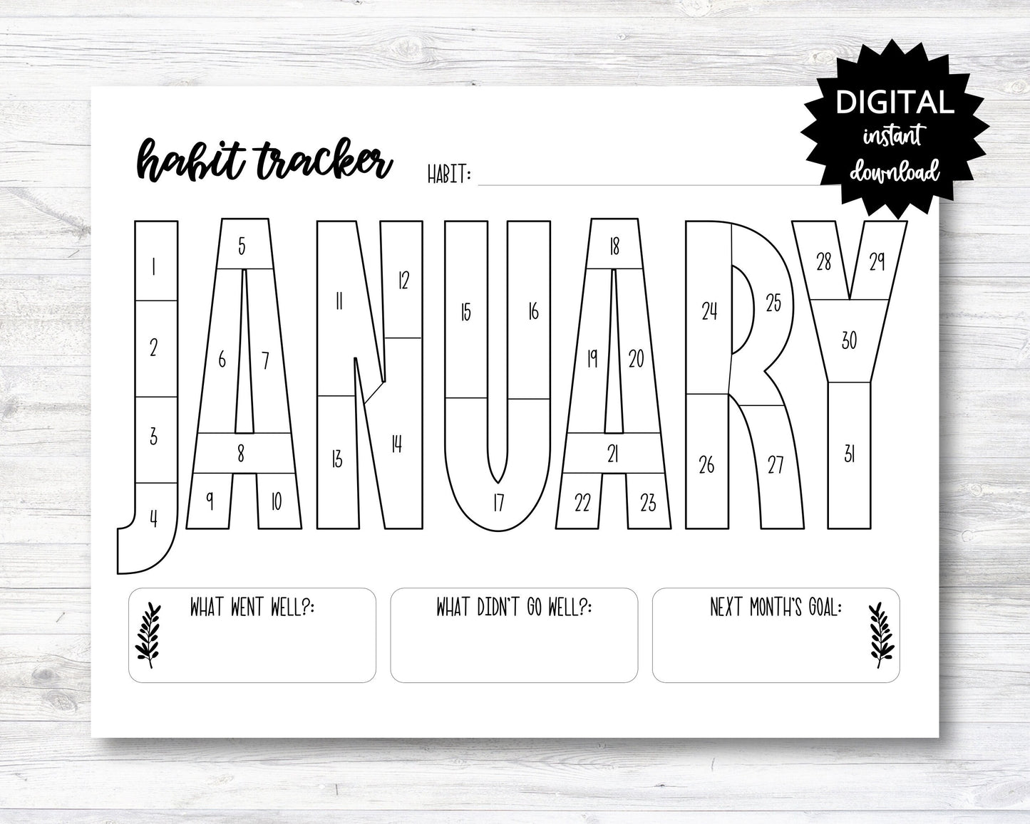 January Habit Tracker Coloring Sheet Printable, Month Habit Tracker Coloring Sheet - PRINTABLE (N015_1)