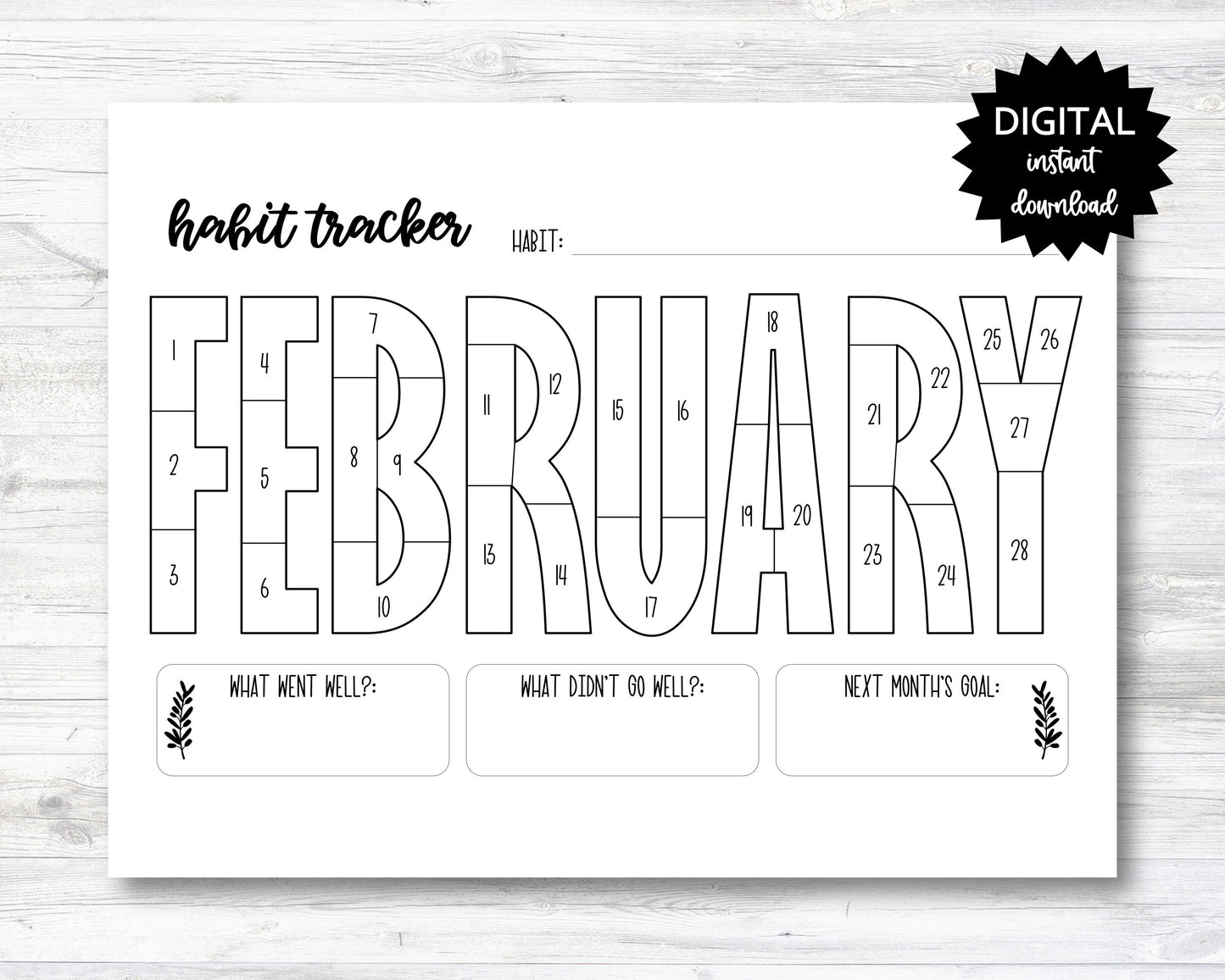 February Habit Tracker Coloring Sheet Printable, Month Habit Tracker Coloring Sheet - PRINTABLE (N015_2)