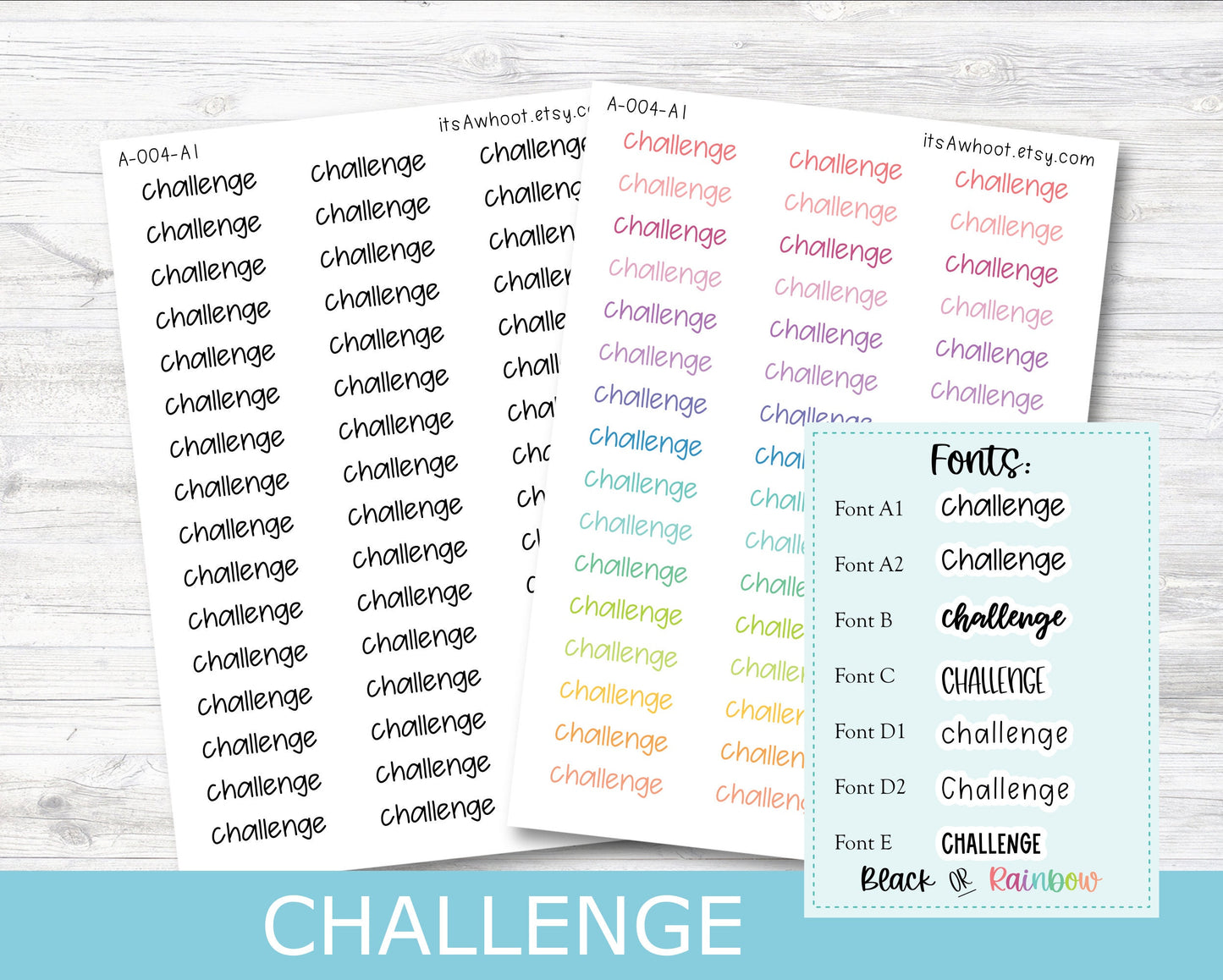 CHALLENGE Script Planner Stickers - Multiple Fonts/Colors Available (A004)