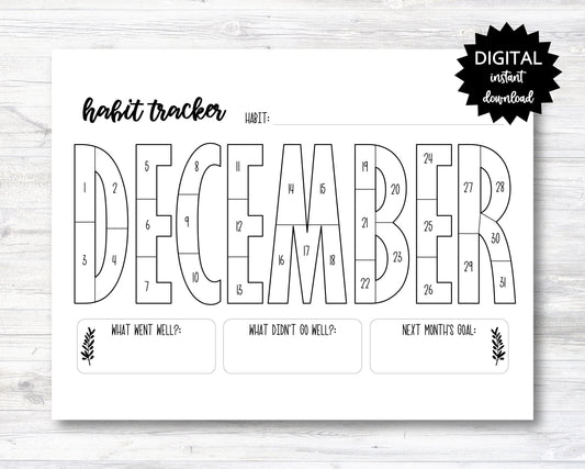 December Habit Tracker Coloring Sheet Printable, Month Habit Tracker Coloring Sheet - PRINTABLE (N015_12)