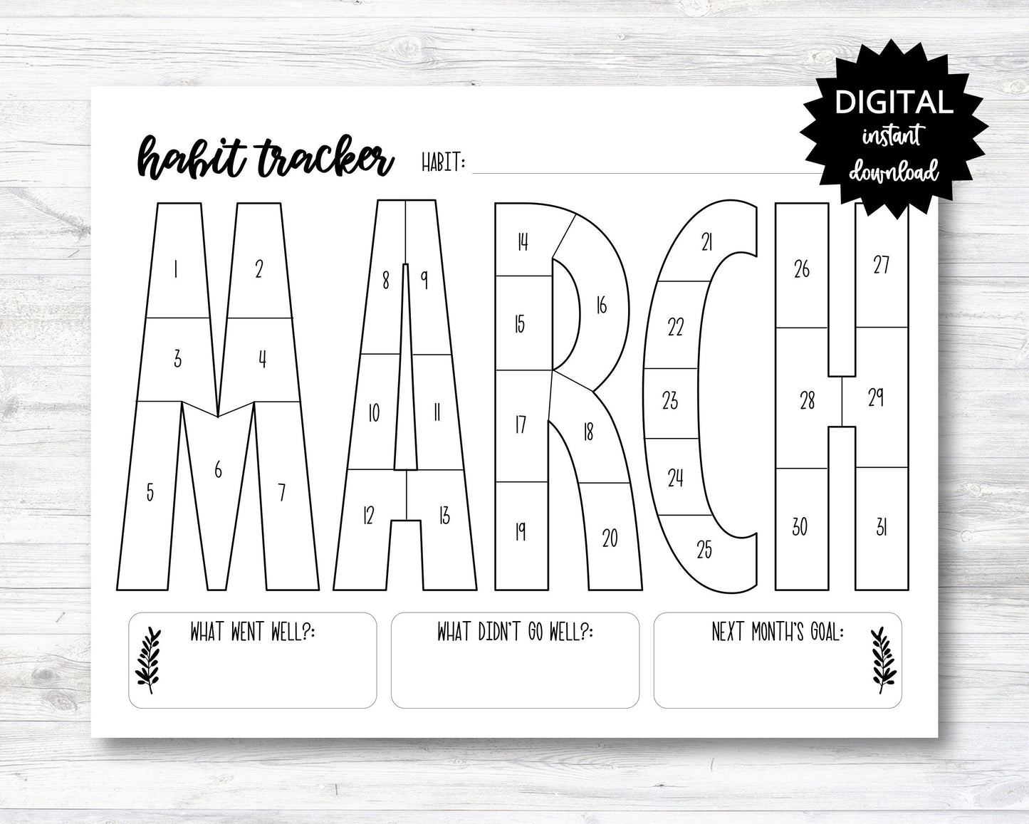 March Habit Tracker Coloring Sheet Printable, Month Habit Tracker Coloring Sheet - PRINTABLE (N015_3)