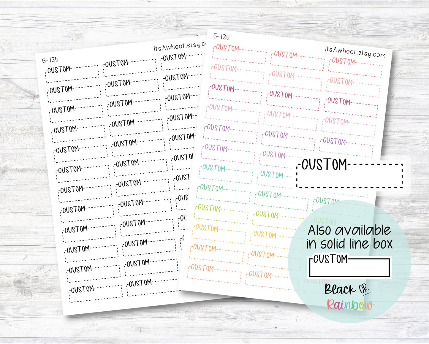 Personalized Script Dash Quarter Box Label Planner Stickers with Your Custom Text - .5" Tall (G135)