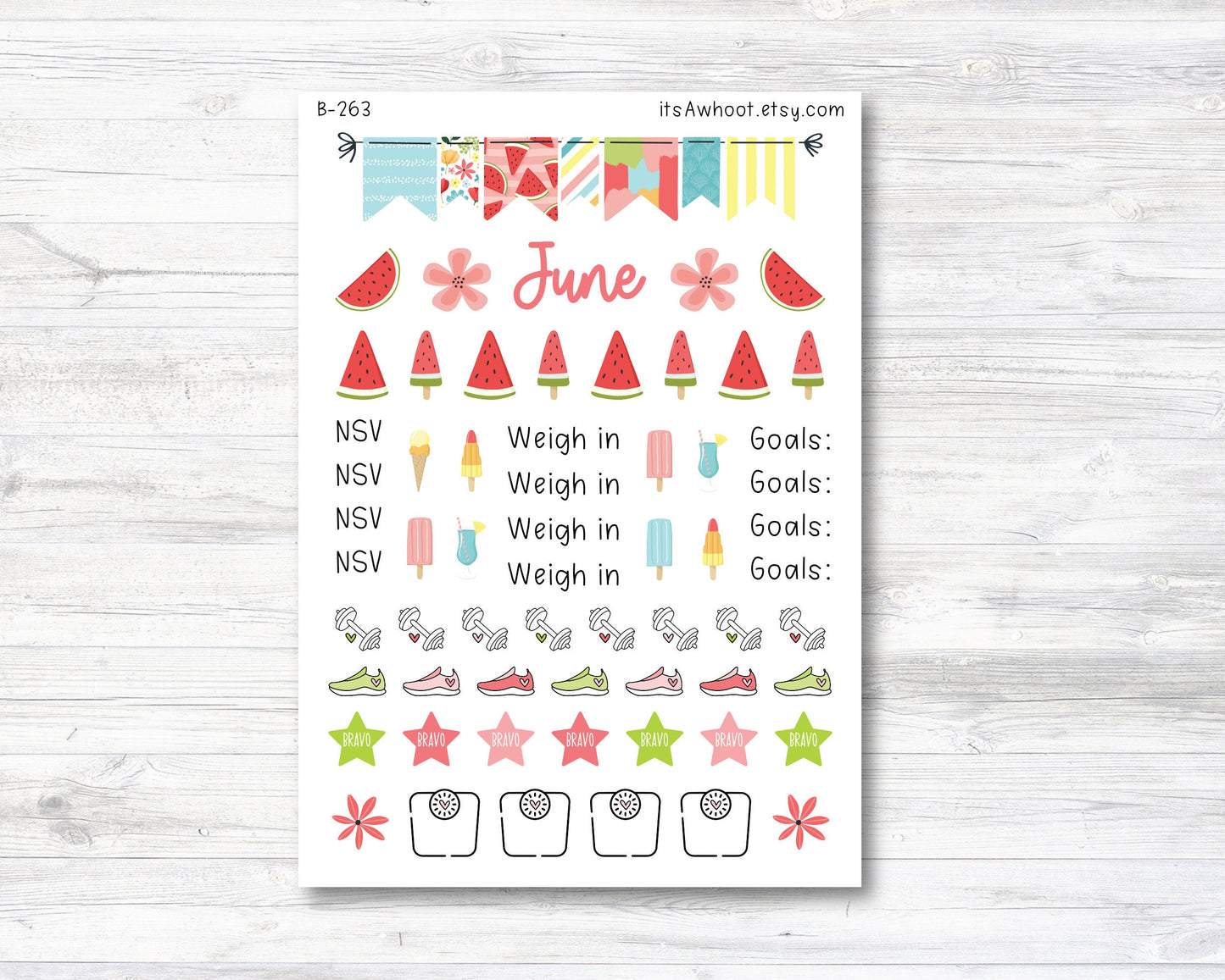 June Stickers, Weight Loss Planner Clipart - Watermelon Summer (B263-June3)