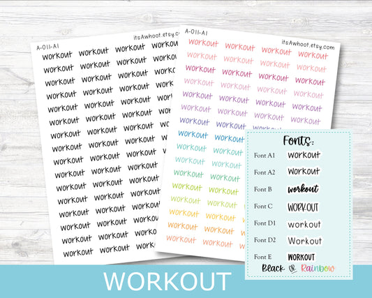 WORKOUT Script Planner Stickers - Multiple Fonts/Colors Available (A011)