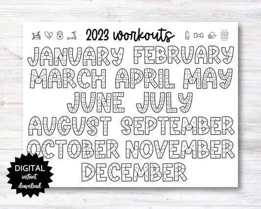 2023 Workouts Tracker Coloring Page Printable, Coloring Workout Calendar, Year Workout Tracking Coloring Sheet - PRINTABLE (N001_4)