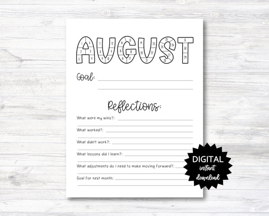 August Habit Tracker Coloring Sheet Printable, Month Habit Tracker Coloring Sheet, Monthly Reflections - PRINTABLE (N015_8A)